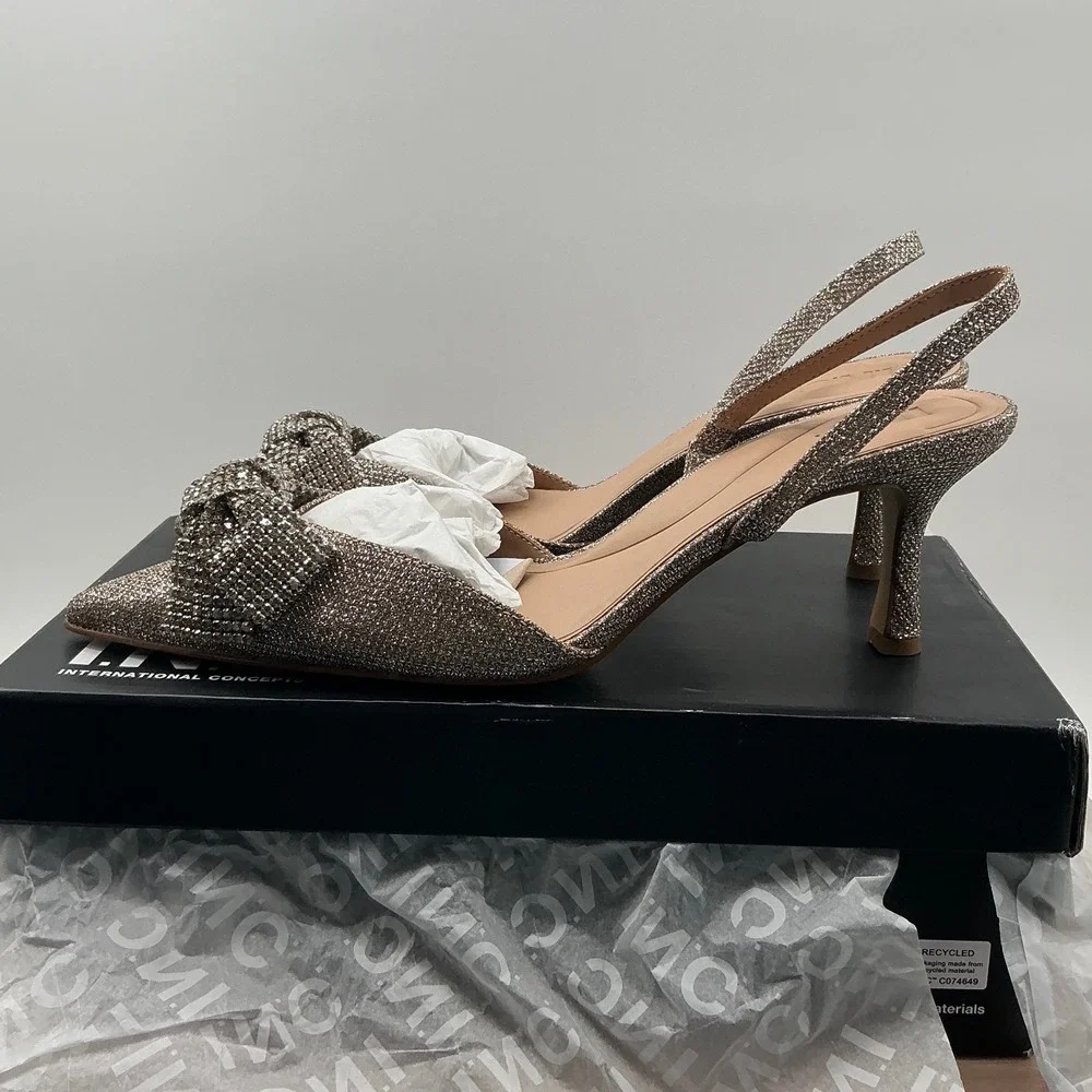 INC International Concepts Women Rhinestone Bow Slingback Metallic Pumps Gold